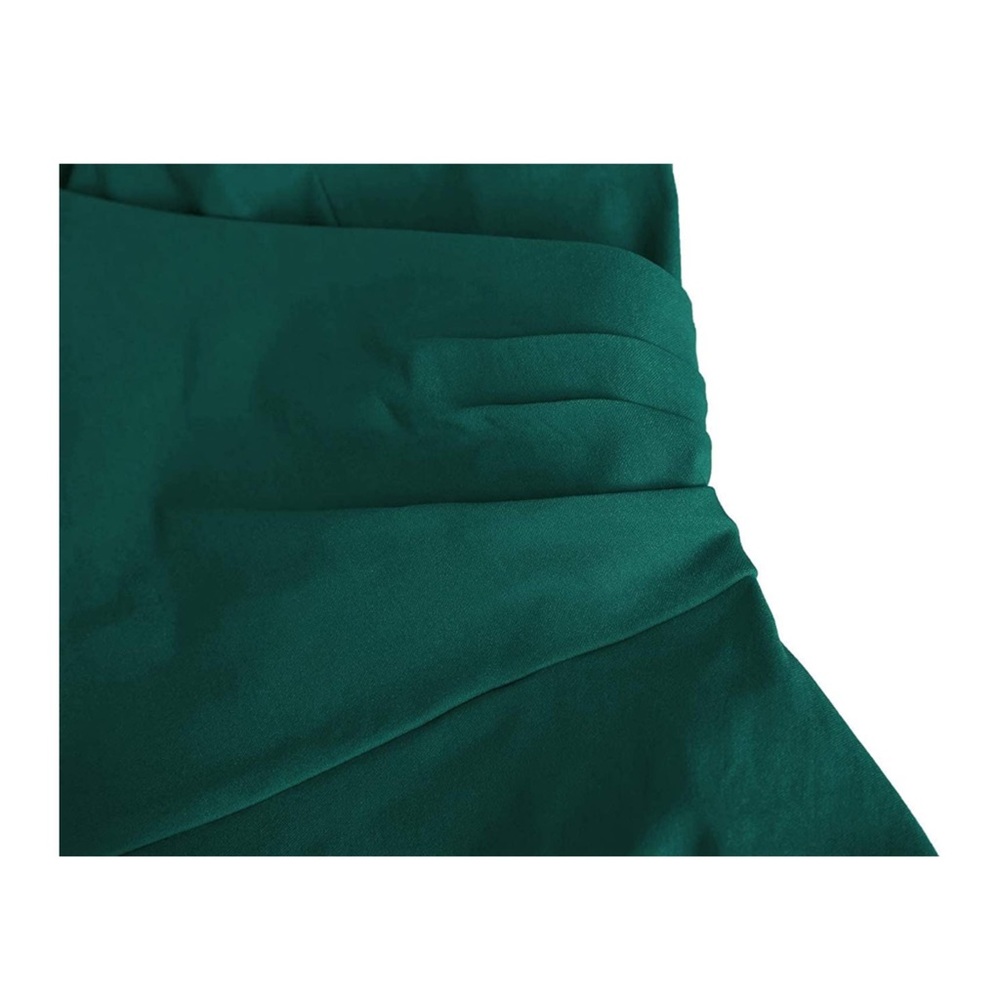 Women's Green Faux Wrap V Neck 3/4 Sleeve ruched Work Belted knee length dress - Picture 5 of 9